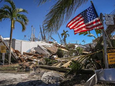 TOPSHOT - Part of a destroyed mobile home park is pictured in the aftermath of Hurricane Ian in Fort Myers Beach, Florida on September 30, 2022. - Forecasters expect Hurricane Ian to cause life-threatening storm surges in the Carolinas on Friday after unleashing devastation in Florida, where it left a yet unknown number of dead in its wake. After weakening across Florida, Ian regained its Category 1 status in the Atlantic Ocean and was headed toward the Carolinas, the US National Hurricane Center said Friday. (Photo by Giorgio VIERA / AFP) (Photo by GIORGIO VIERA/AFP via Getty Images)