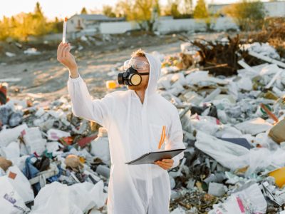 Man in coveralls at trash pill. Doing research. Concept of ecology, environmental pollution.