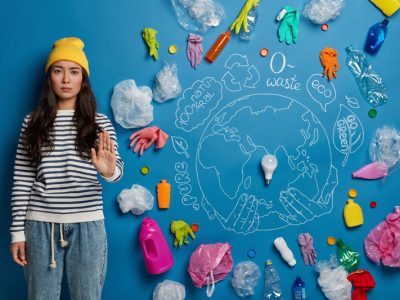 No plastic and environmental pollution. Serious Asian woman pulls palm forward, wears yellow hat, striped jumper and denim pants, asks not to pollute our planet, makes symbolic picture on blue wall